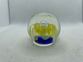 Vintage Murano Glass Paperweight Yellow Flower Blue 2.5&quot; Controlled Bubble - £15.90 GBP