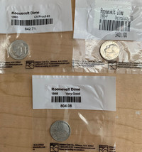Roosevelt Dimes Set of 3 (1946, 1960, 1990) Certified in Sealed Bag - £15.82 GBP