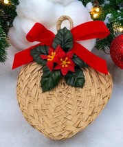 Vintage Wicker Poinsettia Christmas Fridge Magnet with Red Bow Holiday D... - £7.71 GBP