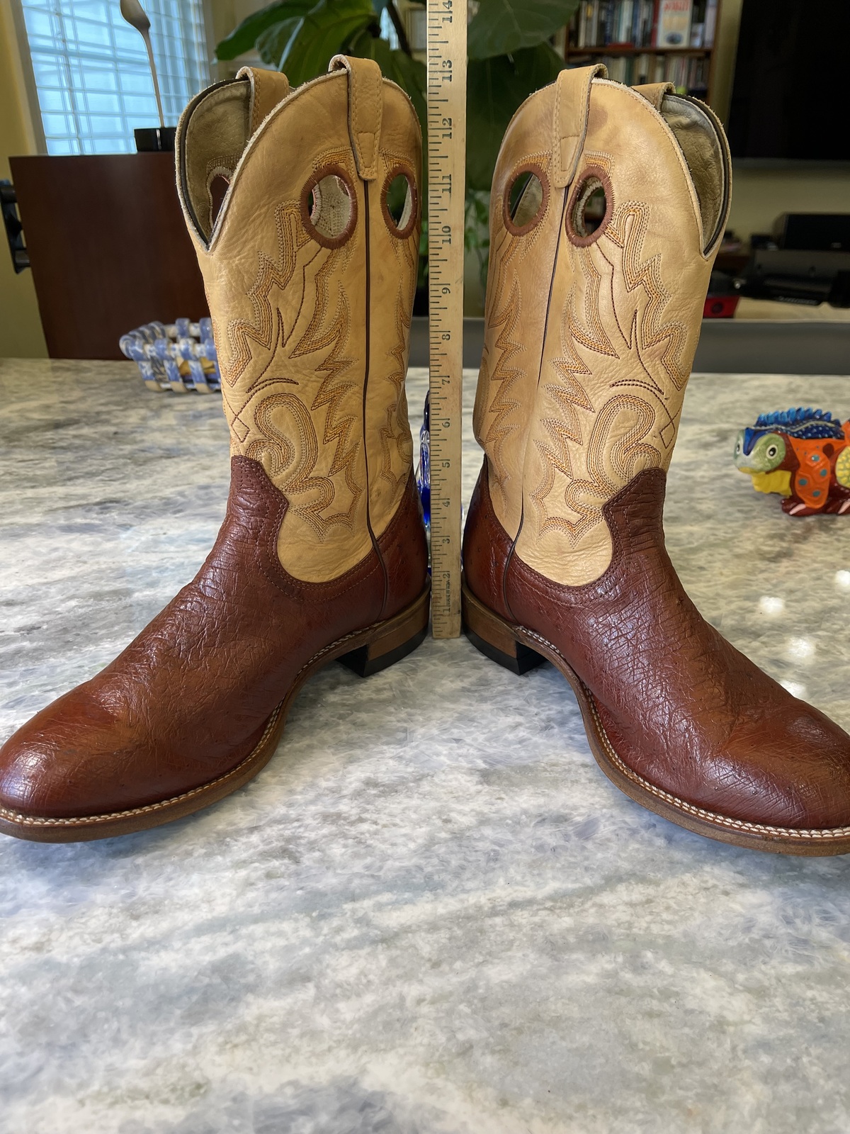 Boulet Made in Canada Mens Ostrich Cowboy Boots Brown and Tan Size 9.5 3E Wide