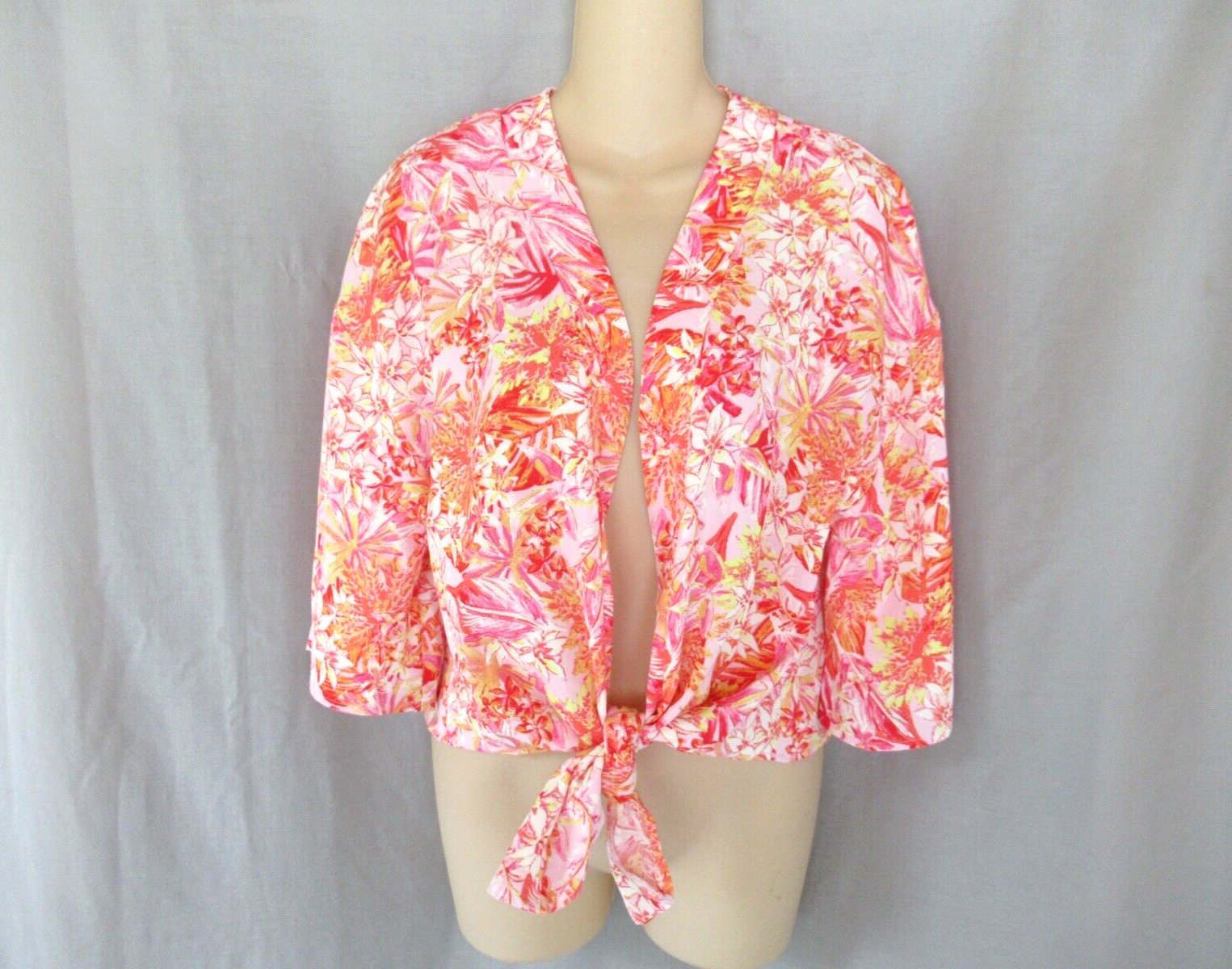 Primary image for Hippie Rose top open tie  kimono cardigan Small pink tropical short sleeves New
