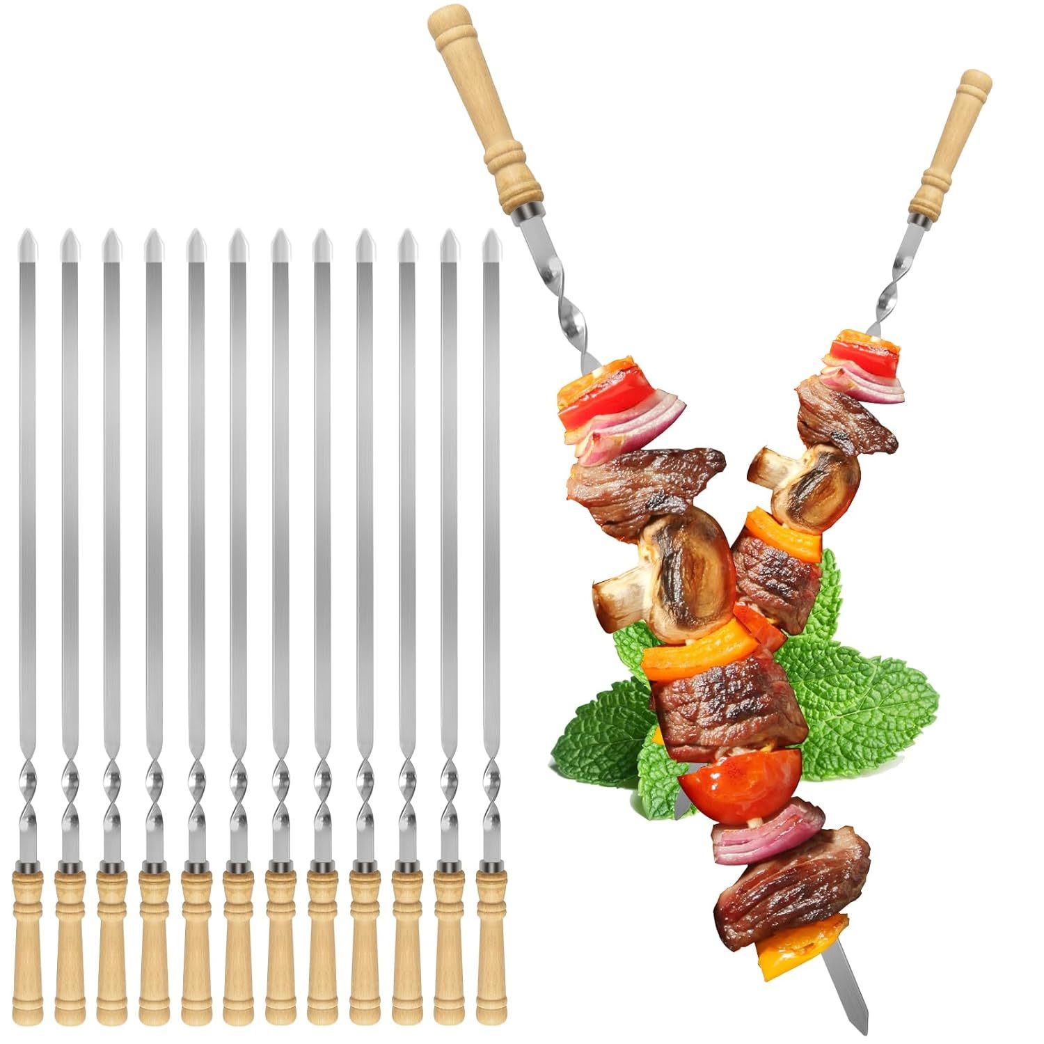 Kabob Skewers,23.6 Inch Flat Skewers For Grilling With Wooden Handle,Reusable St