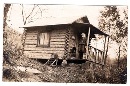 Vintage Photo of Proud Young Girl and Log Playhouse - £2.34 GBP