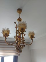 Antique Cast Bronze CHANDELIER Frosted Glass Shades Rose / Flower Vintag... - £714.65 GBP
