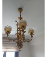 Antique Cast Bronze CHANDELIER Frosted Glass Shades Rose / Flower Vintag... - $1,303.41 CAD