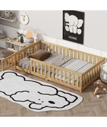 Twin Floor Bed with Fence &amp; Door, Natural Rubber Wood Guardrails - $3,375.03 MXN