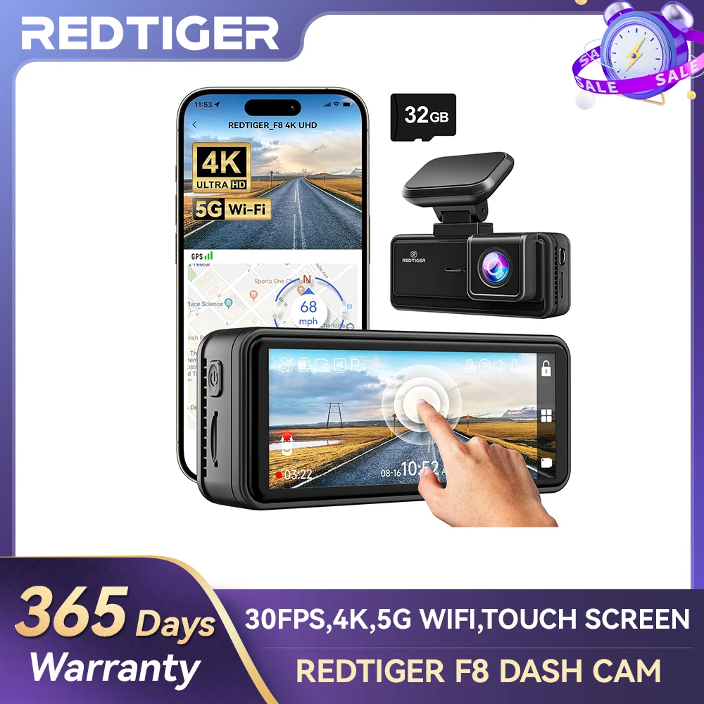 Redtiger Dash Cam F8 Hd 4K Built-in Gps 70FOV Car Dvr 5G Wifi App Control - £111.16 GBP+