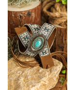 Light Blue Western Pattern Turquoise Decor Lace-up PU Leather Hat Band - $76.10 MXN