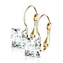 Gold Stainless Steel Clear Princess Cut Cubic Zirconia Earrings Hypoallergenic - £11.79 GBP