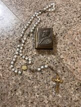 VINTAGE Metal Rosary Box Holder w/ROSARY white glass beads gold tone Pope - $39.99
