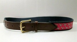Vineyard Vines Belt With Boat Print Gold Buckle &amp; Brown Leather Trim Size 30 - £22.06 GBP