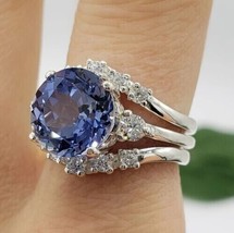 3.25ct Ceylon Blue Sapphire Round 14k White Gold Engagement Bridal Set Ring - £1,752.86 GBP