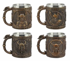 Ebros Set of 4 Norse Viking God Odin Alfather Valkyrie Thor Loki Coffee Mug 13oz - £88.40 GBP