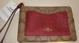 Coach Logo Corner Zip Wristlet With Metallic Color Block Khaki/Cherry  Brand NEW - £31.14 GBP