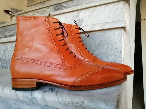 Handmade Men’s Tan Color Leather Lace Up Boots, Wing Tip Ankle High Dress Boots