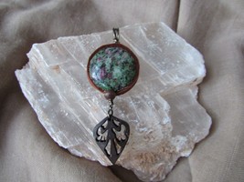 Ruby Zoisite and wood Pendant. Wire wrapped with Leather trim,  - £14.35 GBP