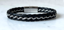Black Leather Braided Chain Bracelet Magnetic Stainless Steel Clasp Mens Womens - £18.94 GBP