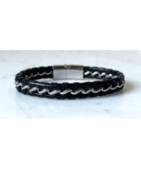 Black Leather Braided Chain Bracelet Magnetic Stainless Steel Clasp Mens... - £18.90 GBP