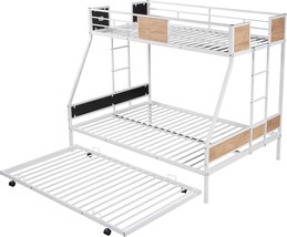 Hyc Twin Over Full Bunk Bed With Trundle, Metal Bunk Beds With Safety, White - $422.99