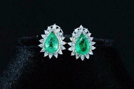 3CT Pear Simulated Green Emerald Women's Halo Stud Earrings14K White Gold Plated - £95.43 GBP