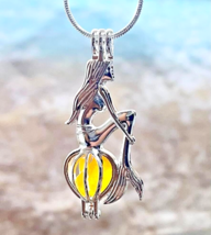 Silver Plated Mermaid w/ ORANGE Sea Glass Cage Locket Necklace 18&quot;, Jewe... - $16.80