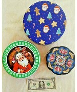 COOKIE VINTAGE LOT OF 3 TINS CHRISTMAS ASSORTED STAR SANTA CANDY CANE FL... - £11.68 GBP