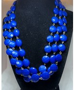 BLUE BEADS NECKLACE 3-Strand Statement Round Shiny Faceted Resin - $12.86