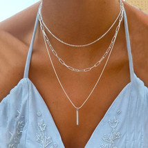 Three Layered Multi Chain Bar Pendant Necklace Silver - $13.24