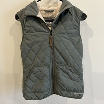 EDDIE BAUER Olive Green Quilted Vest Faux Fur Trimmed Hood and Sherpa Lining XS - £20.93 GBP