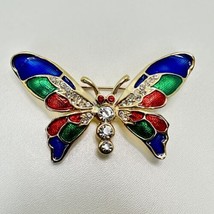 Butterfly Red Green Blue Cloisonne Enamel Rhinestones Vintage Gold Brooc... - £9.63 GBP
