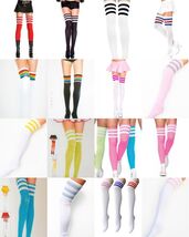 SPORTS ATHLETIC CHEERLEADER THIGH &amp; KNEE HIGH SOCKS 3 STRIPES TUBE OVER ... - $5.63+