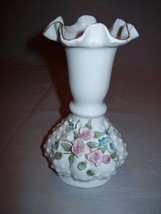 Lefton China Hand Painted Vase #839 Hobnail Upraise Flowers &amp; Leaves - £6.25 GBP
