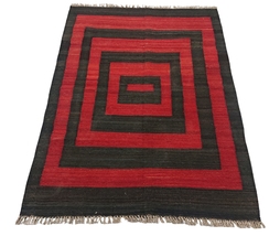 Handmade Wool Modern Black and Red Kilim Rug - 4x5 Area Rug - £146.31 GBP