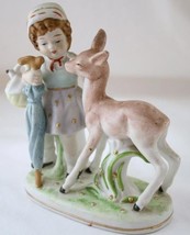 PAULUX Japan Bisque Little Girl &amp; Deer Fawn Figurine #498 - £23.59 GBP