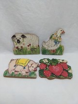 Vintage Wooden Handmade Magnets Pig Strawberries Duck Sheep Diane Voventzie 4&quot; - £34.21 GBP