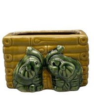 Vintage Majolica Ceramic Elephants &amp; Bamboo Planter Trunks Up 5&quot; x 2&quot; Green Gold - £8.20 GBP