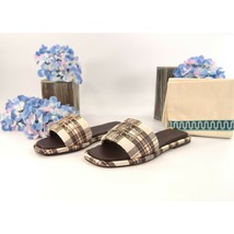 Tory Burch Cream Black Yellow Plaid Leather Double T Padded Sport Slide ... - $222.26