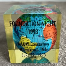 Vintage The Globe Acrylic Cube Paper Weight Globe 2x2” AAUW  June 22, 19... - £6.04 GBP