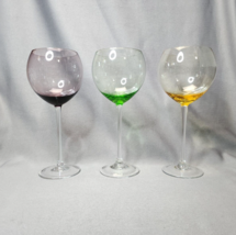 Balloon Wine Glasses Blown Glass Goblets Set of 3 Purple Green Yellow Ba... - $29.70