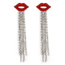 AENTrendy 2022 Shiny Full Crystal Red Lip Long Tassel Drop Earring Vintage Rhine - £8.54 GBP