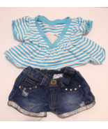 Build-a-Bear Outfit Striped Blue Top Denim Distressed Shorts Sequins Casual - £11.70 GBP