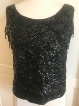Vintage Black Iridescent Fringed Sequin Tassels Beaded Wool Glam Top hong kong L - £21.67 GBP
