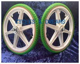 20&quot; BICYCLE MAG WHEELS 6 SPOKES ALL WHITE WITH GREEN GUM TIRES + TUBES +... - £129.31 GBP