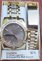 Men&#39;s Watch and Bracelet Set Gold Tone with 54 Crystals Elgin FG10009ST NIB - £36.91 GBP