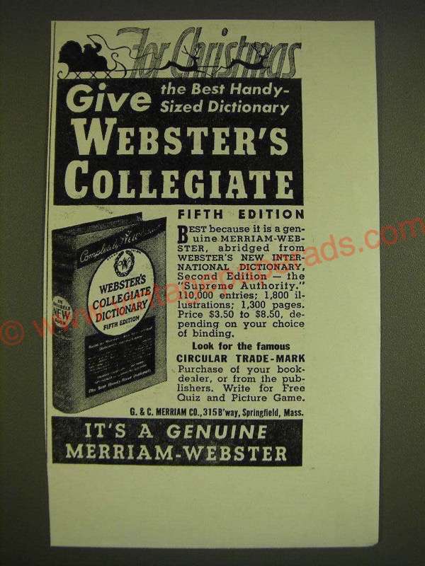 1939 Merriam-Webster Webster's Collegiate Dictionary Ad - For Christmas - £14.53 GBP