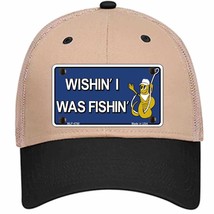 Wishin I Was Fishin Blue Novelty Khaki Mesh License Plate Hat - £23.31 GBP