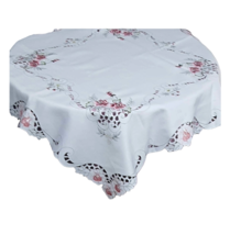 Summer Table Topper White Pink Green, Embroidered Richelieu, Rustic Deco... - $45.00