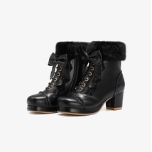 Autumn Winter Mid-Calf boots Round toe Chunky heels PU Zip Flower Lolita Ladylik - £77.69 GBP