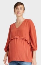 Ingrid &amp; Isabel Women&#39;s Ruffle Waist Woven Maternity Top Blouse Orange Large - £11.76 GBP