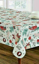 Christmas Vinyl Tablecloth Red Farm Truck Heavyweight Flannel Back 70&quot; Round - £24.60 GBP